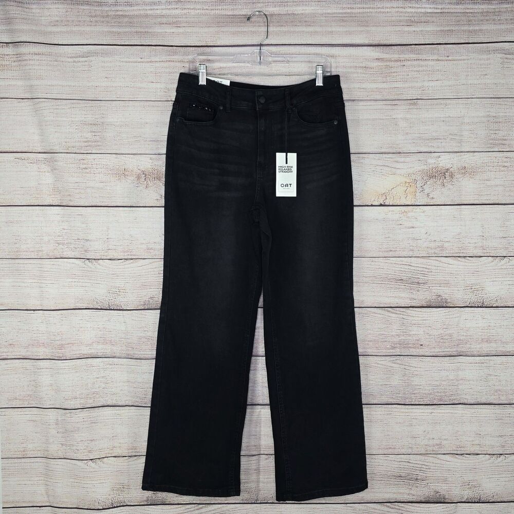 NWT OAT Embellished Rhinestone High Rise Relaxed Straight Jeans Black Size 6
